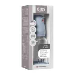 BIBS Fles - Slow Flow - Ronde Speen - 120 ml - Glas/Silicone - Baby Blue