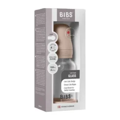 BIBS Fles - Slow Flow - Ronde Speen - 120 ml - Glas/Silicone - Baby Blue