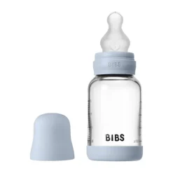 BIBS Fles - Slow Flow - Ronde Speen - 120 ml - Glas/Silicone - Baby Blue