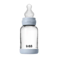 BIBS Fles - Slow Flow - Ronde Speen - 120 ml - Glas/Silicone - Baby Blue