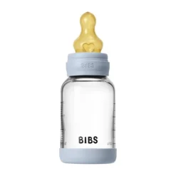 BIBS Fles - Slow Flow - Ronde Speen - 120 ml - Glas/Latex - Baby Blue