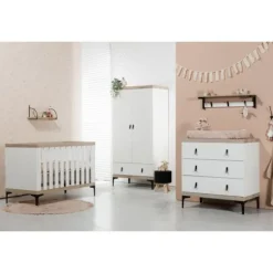 Interbaby Ledikant 60 x 120 - Commode 3 Laden - Hanglegkast 2-Deurs Strips Wit