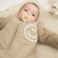Meyco Baby Slaapzak Met Afritsbare Mouwen Slub Met Smile Applicatie Taupe / Offwhite 110 cm